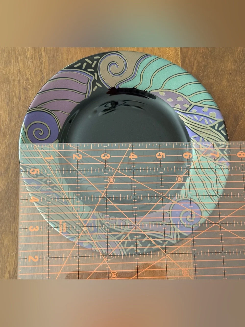 VTG Arcoroc “Tampico” 12 pc Black Plates & Saucer Set Abstract Purple Teal Rim